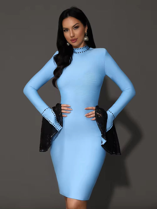 Lace Flare Sleeve Beaded Tight Bandage Dress