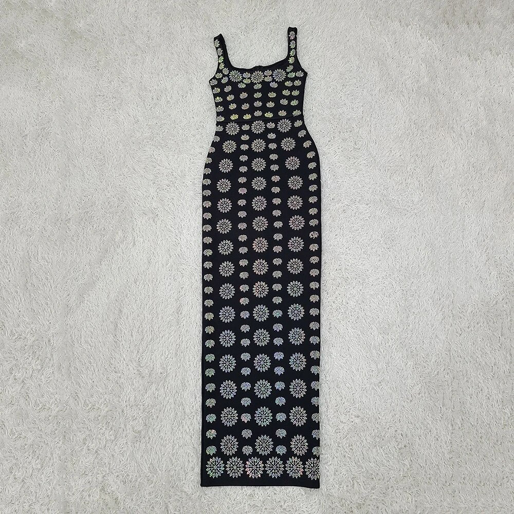 Black Sleeveless Print Sexy Tight Maxi Bandage Dress