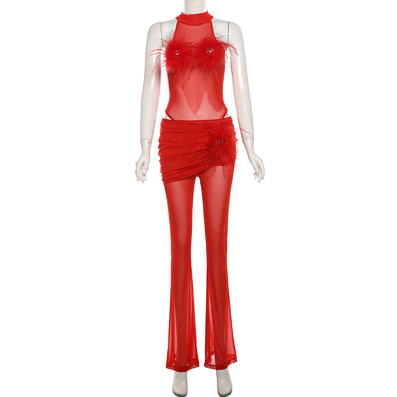 See through Jumpsuit High Waist Bootcut Pants Set