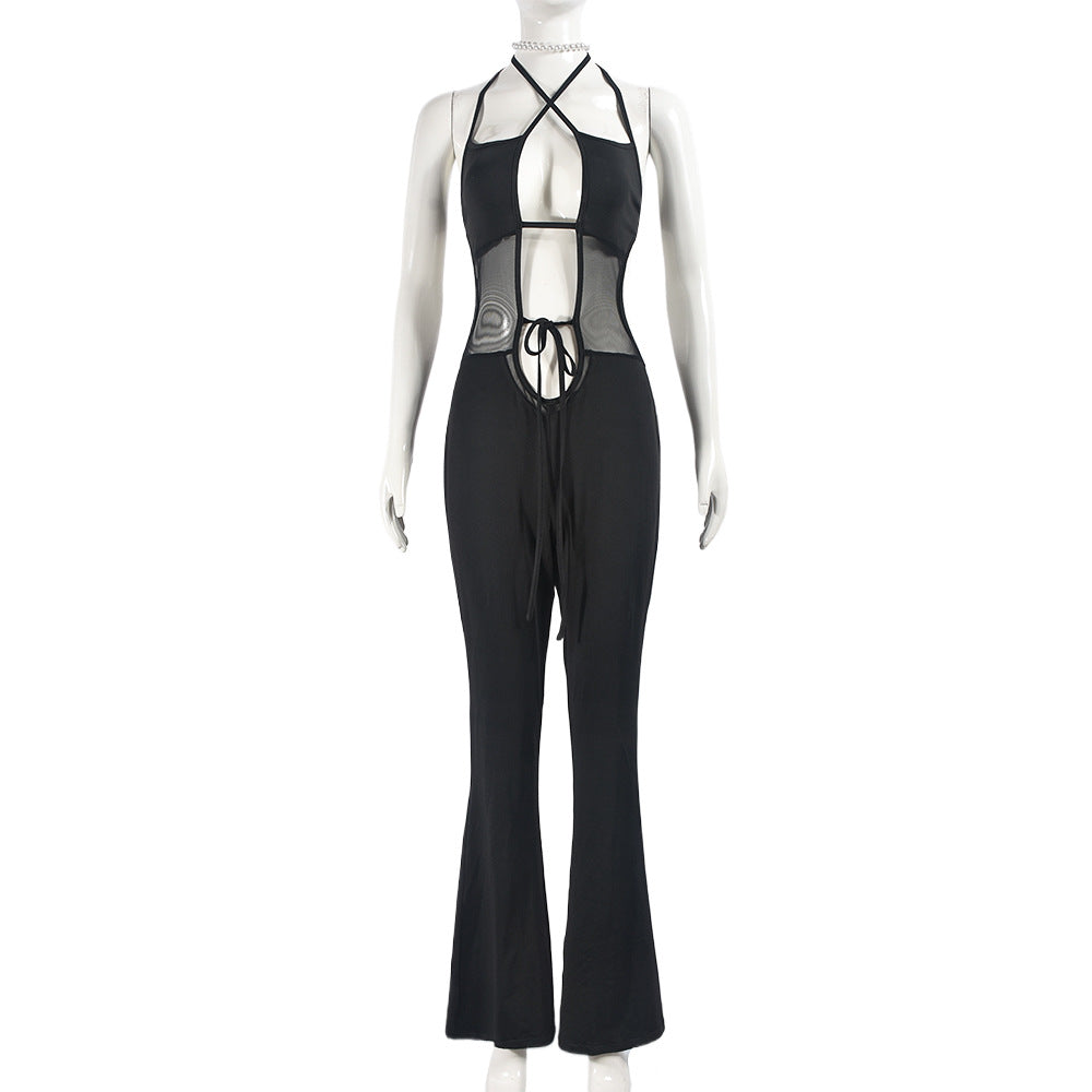 Sleeveless Lace up Backless Slightly Flared Sexy Wide Leg Jumpsuit