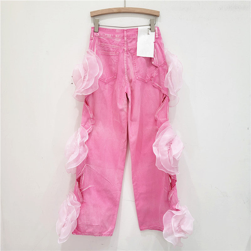 Wide leg flower denim pants