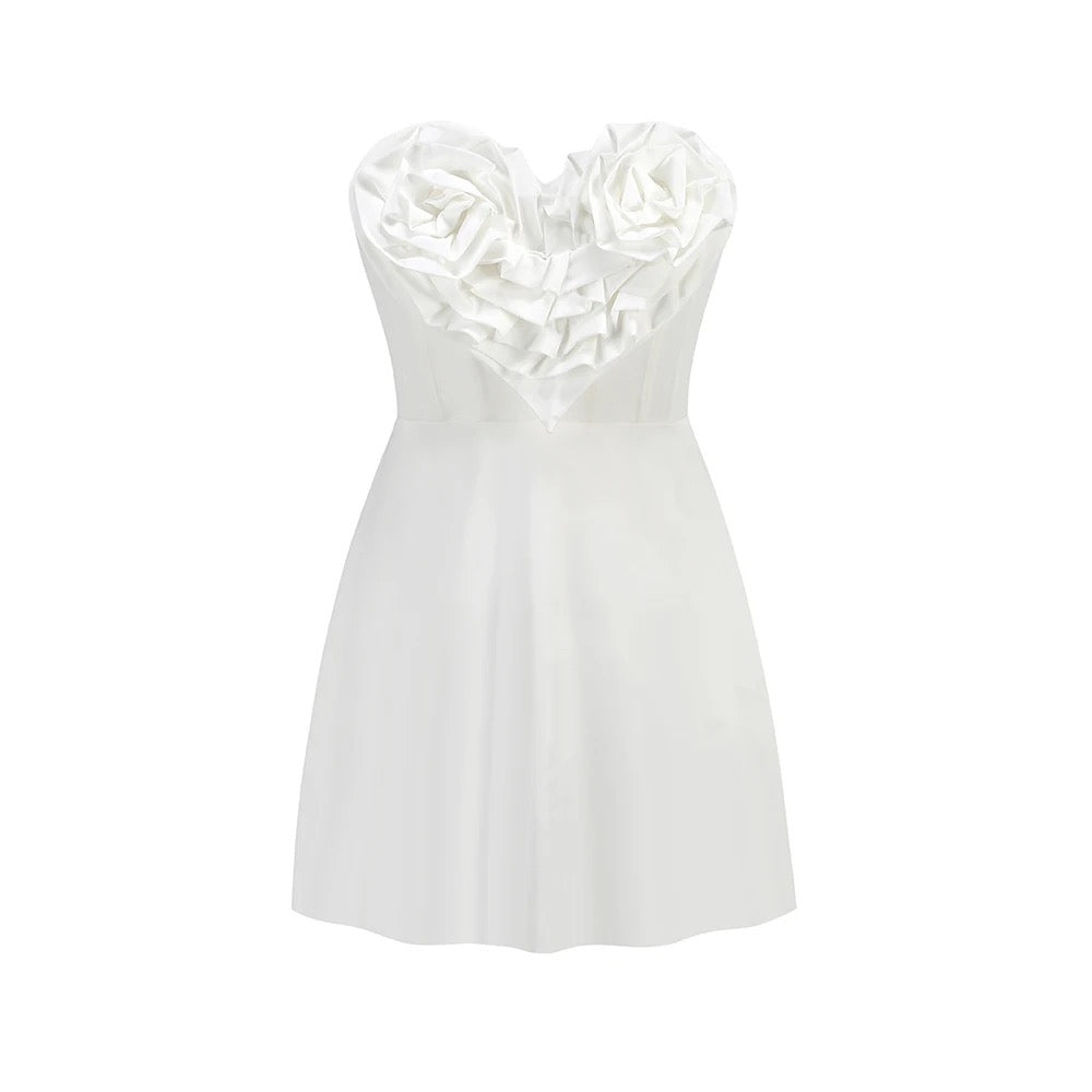 White Sexy Strapless Sleeveless A-line Flower Heart Mini Dress