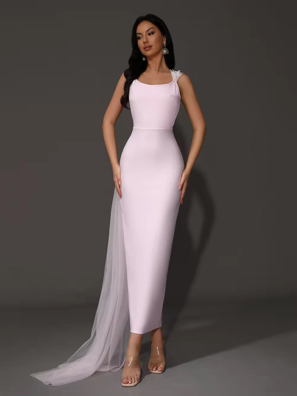 Pink A Line Draped Party Maxi Bandage Dress