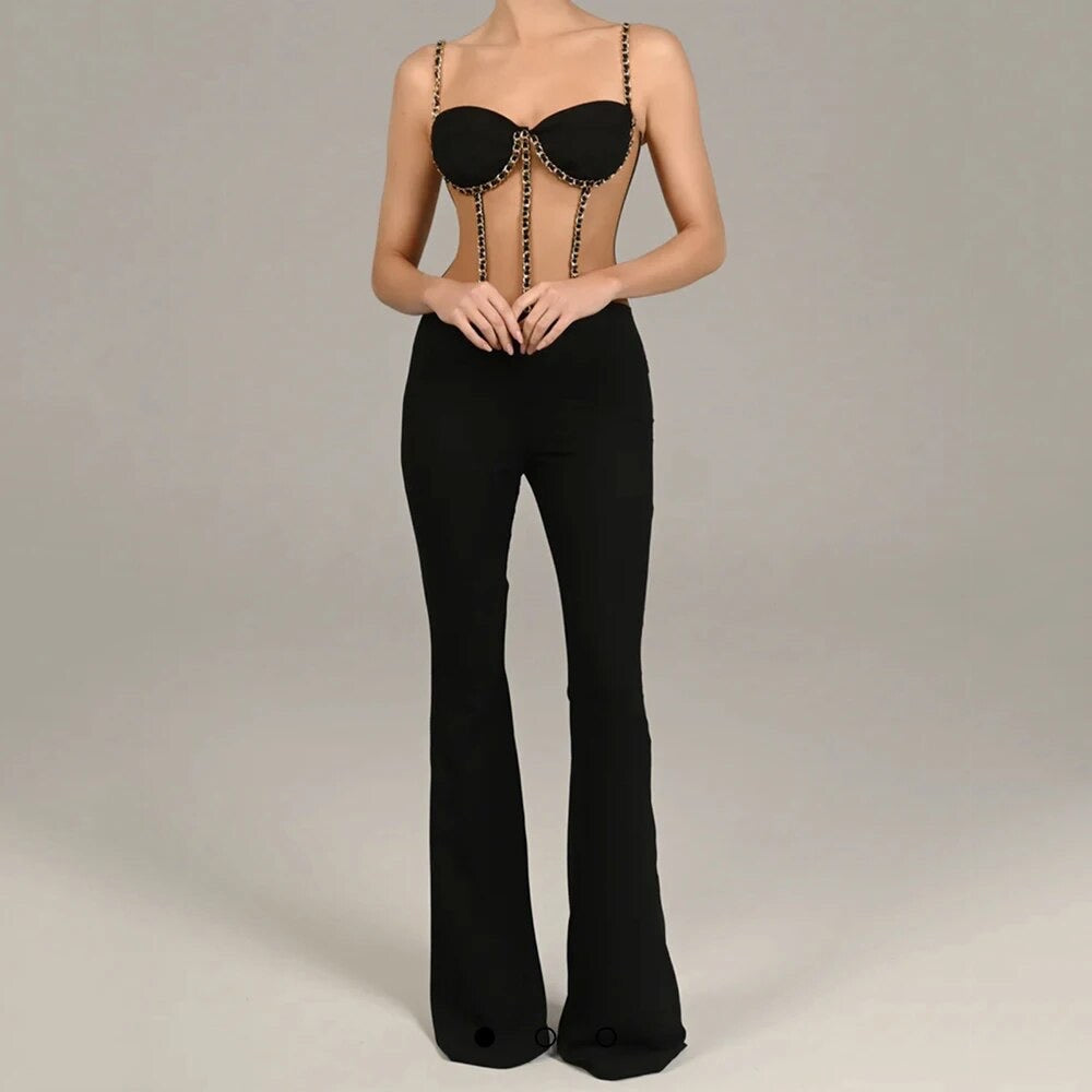 Black Mesh Spliced Chain Sexy Backless Sleeveless jumpsuit