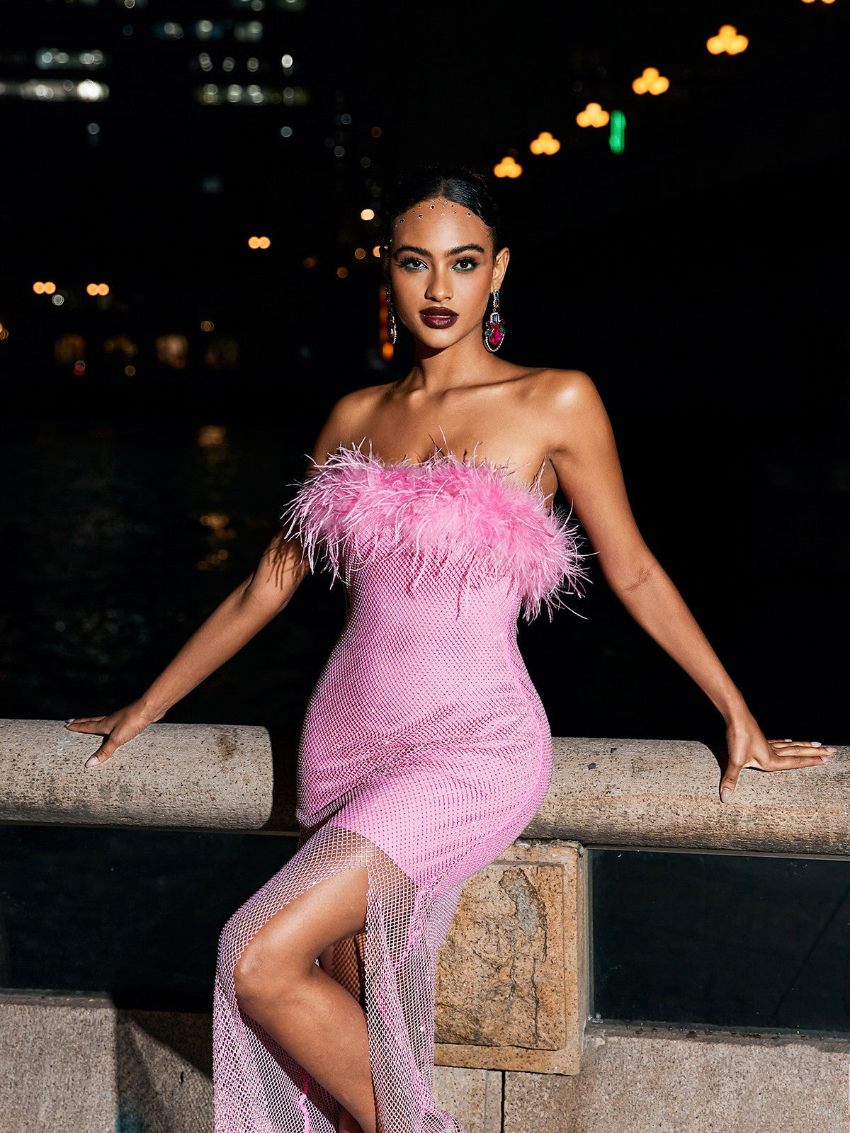 Strapless Ostrich Feathers Pink Crystal  Bodycon Dress