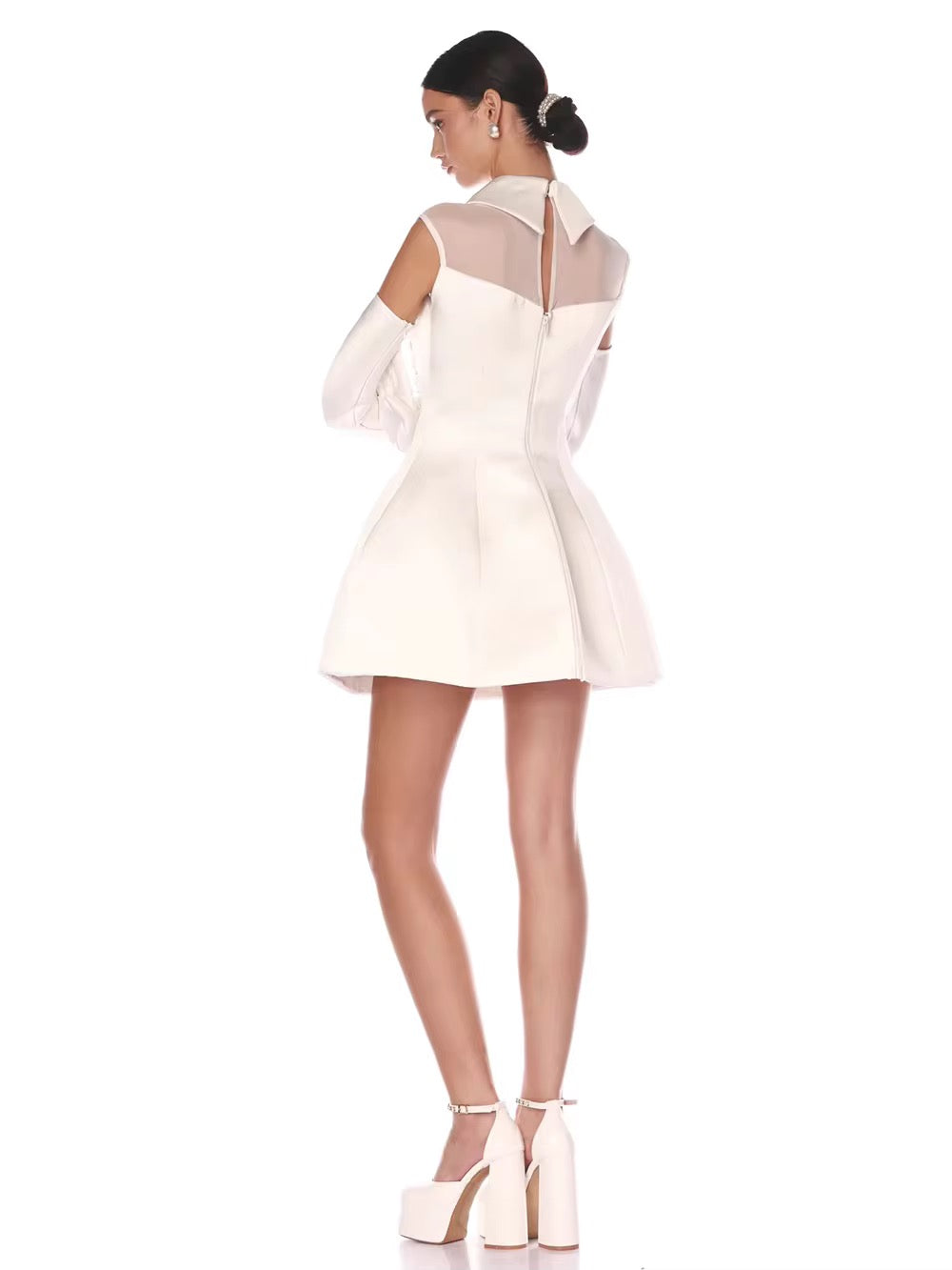 White Pearl Chain Ball Gown Mini Dress With Gloves