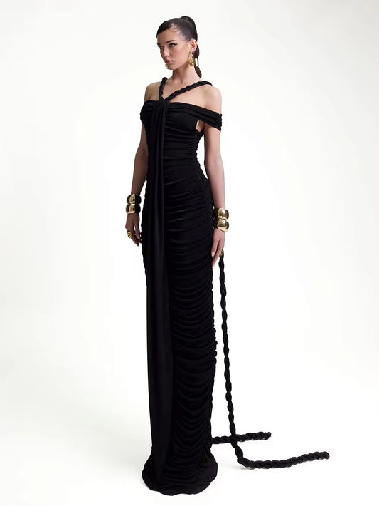 Slash Neck Braided Folds High Waist Elastic Maxi Dress