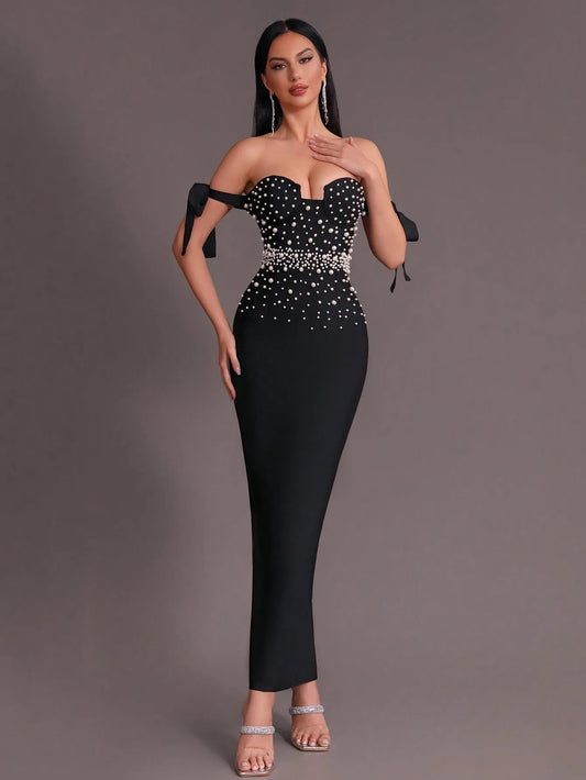 Off Shoulder Luxury Pearl Tight Long Bandage Dress