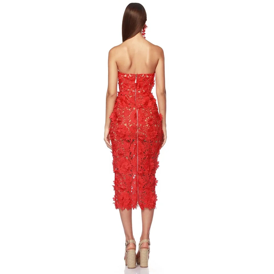 Strapless Flower Lace Midi Tight Bandage Dress