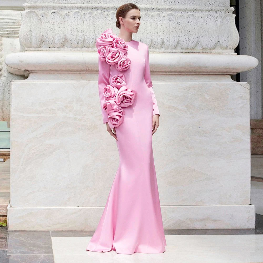 Long Sleeves with Hanging 3D Rose Details Sexy Long Dress