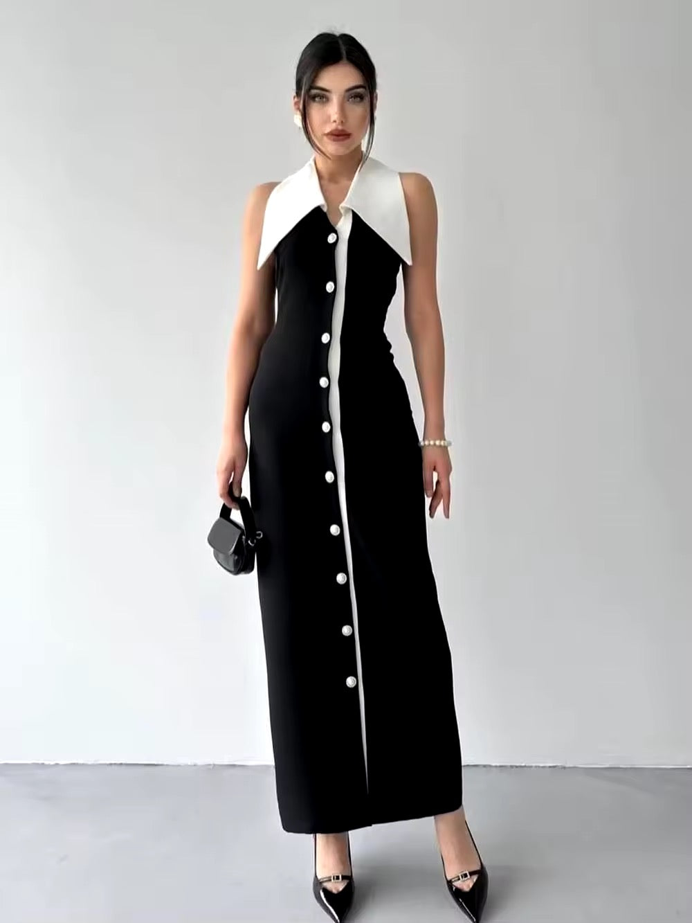 Pearl Button Backless Black Tight Maxi Dress