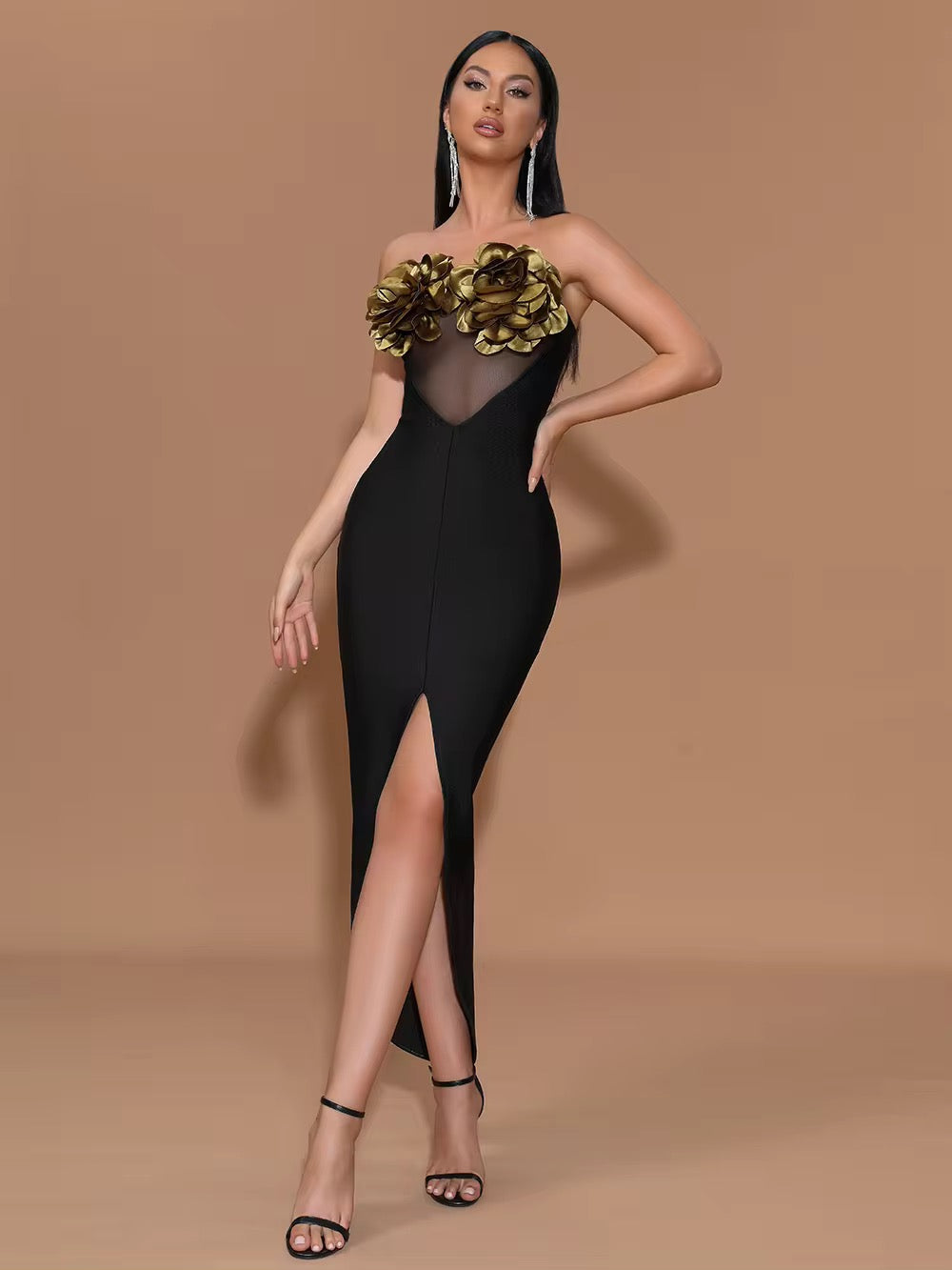 Elegant Strapless Flower Bandage Dress