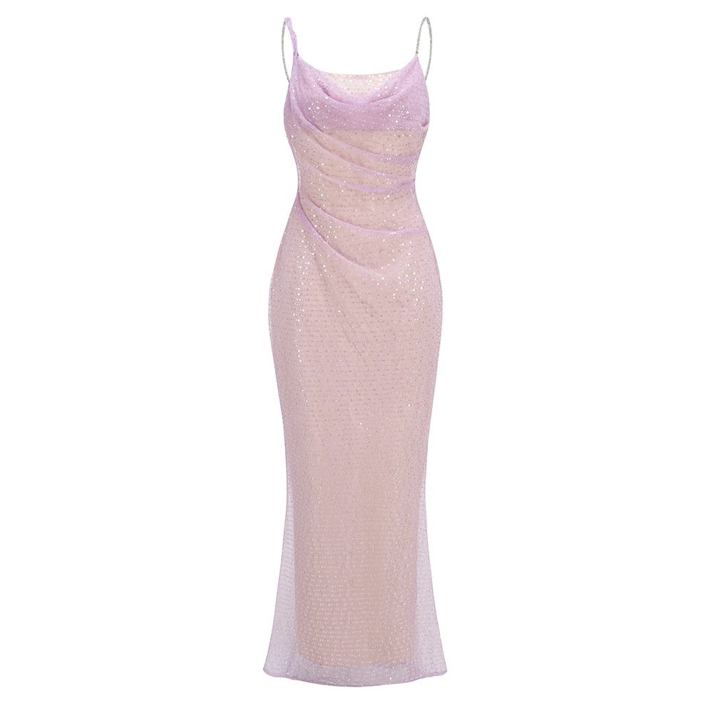 Pink Sexy Backless Sparkling Diamond Chain Tight Moxi Dress