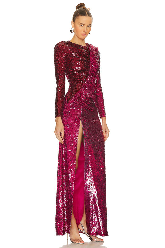 Sequins Long Sleeve Tight High Split Long Dress