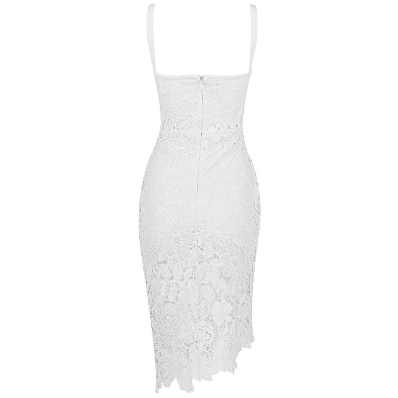 Lace Cutout Irregular Asymmetric Midi Dress