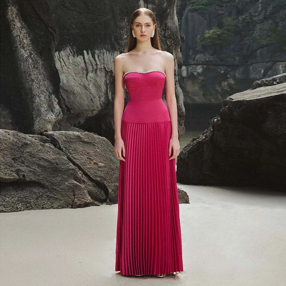 Rose Red Sexy Strapless Slim Fit Long Dress