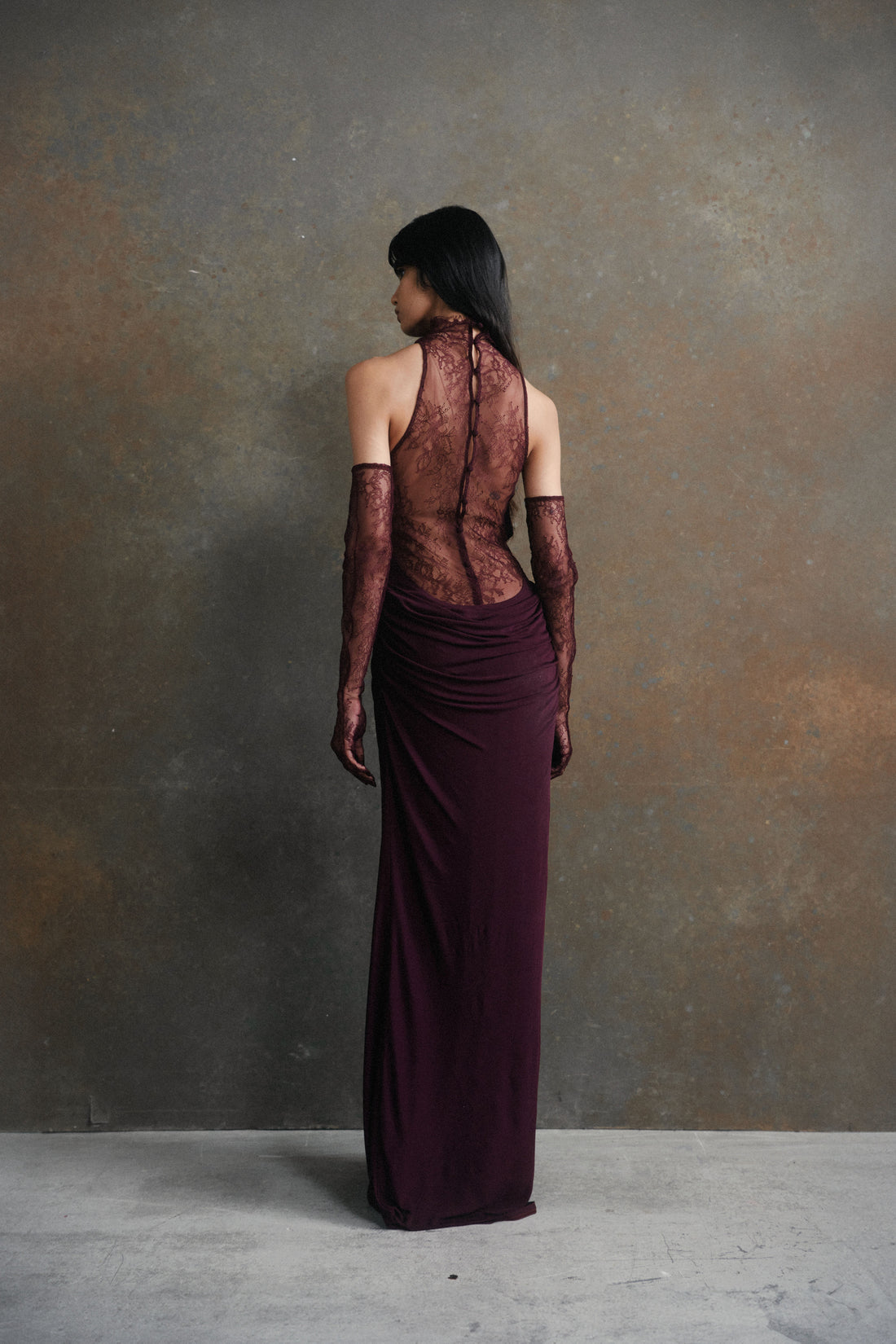 Turtleneck Lace Patchwork Draped Long Dress With Gloves