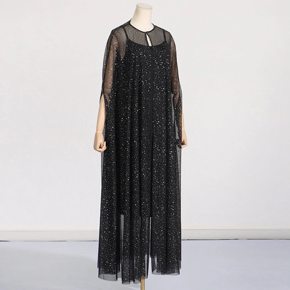 Black Sequin Decorative Mesh Cloak 2-piece Set