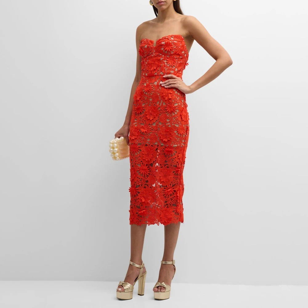 Strapless Flower Lace Midi Tight Bandage Dress