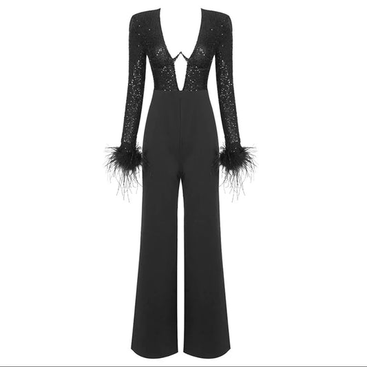 Long sleeved Feather Sexy V-neck Sequin jumpsuit