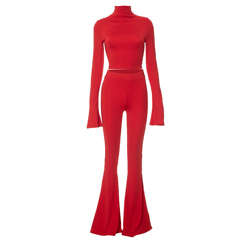 Turtleneck Bell Sleeve Cropped Top High Waist Trousers Set