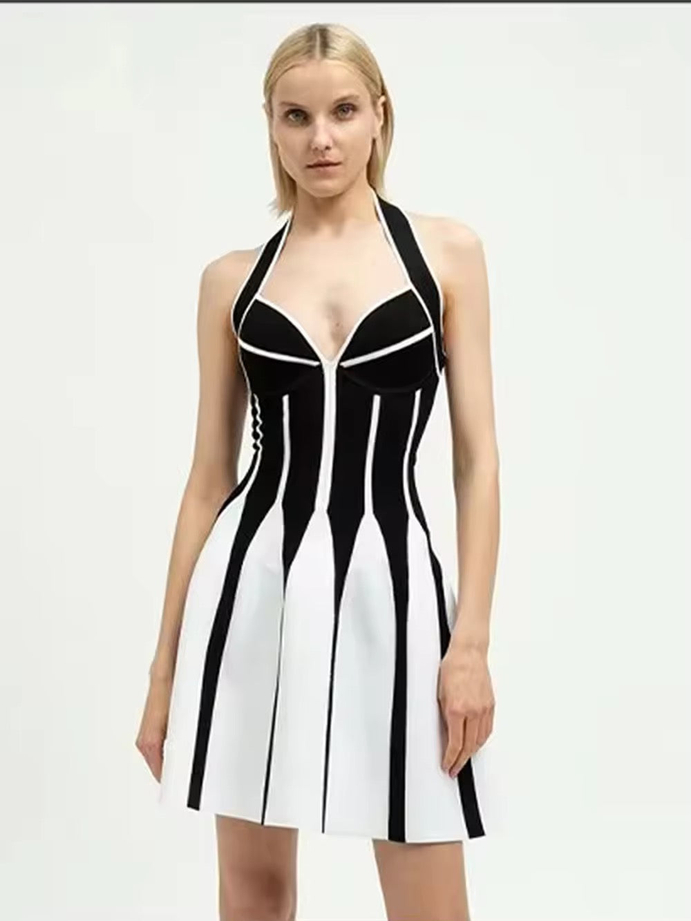 Black White Vertical Stripes Halter Jacquard Short Dress