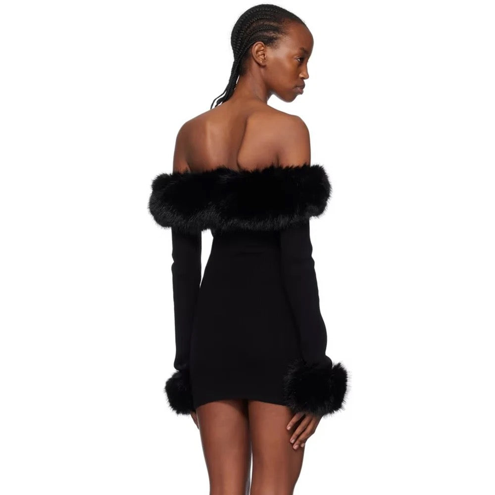 Off Shoulder Feather Tight Elastic Knitted Mini Dress