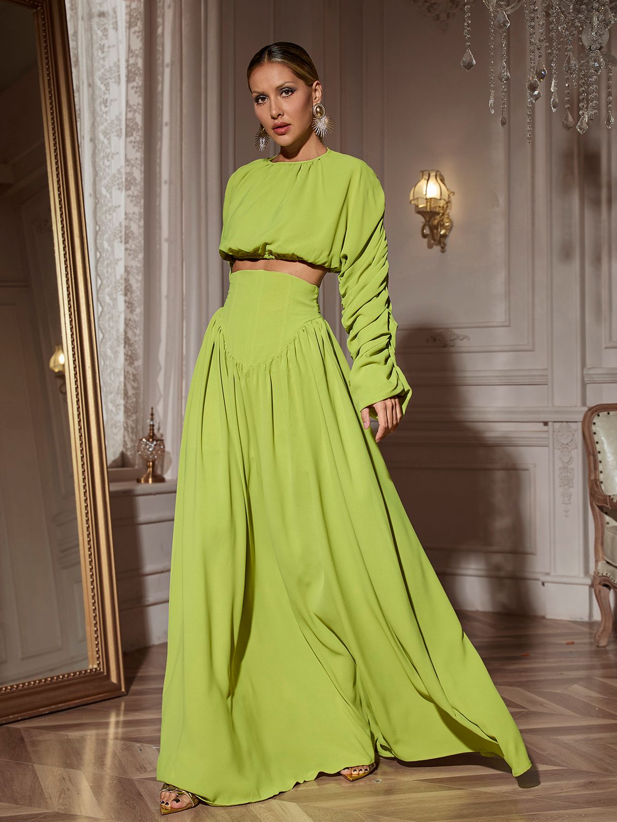 Long Sleeve Ruched Skirt Set