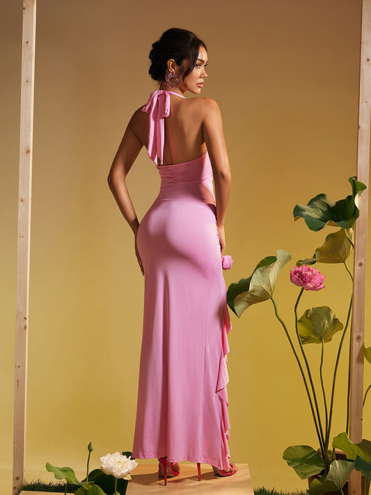 Halterneck Flower Ruffle Maxi Dress In Pink