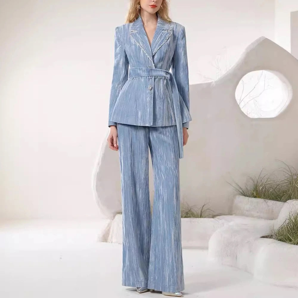 Velvet Set Loose Retro Suit Coat and Wide Pants Belt Set