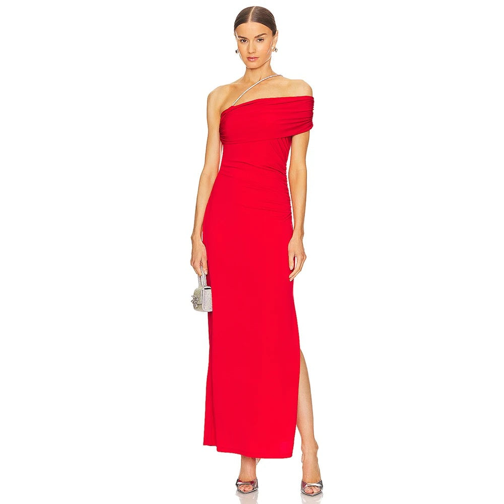 One Shoulder Tight Asymmetric Wrinkle Maxi Bandage Dress