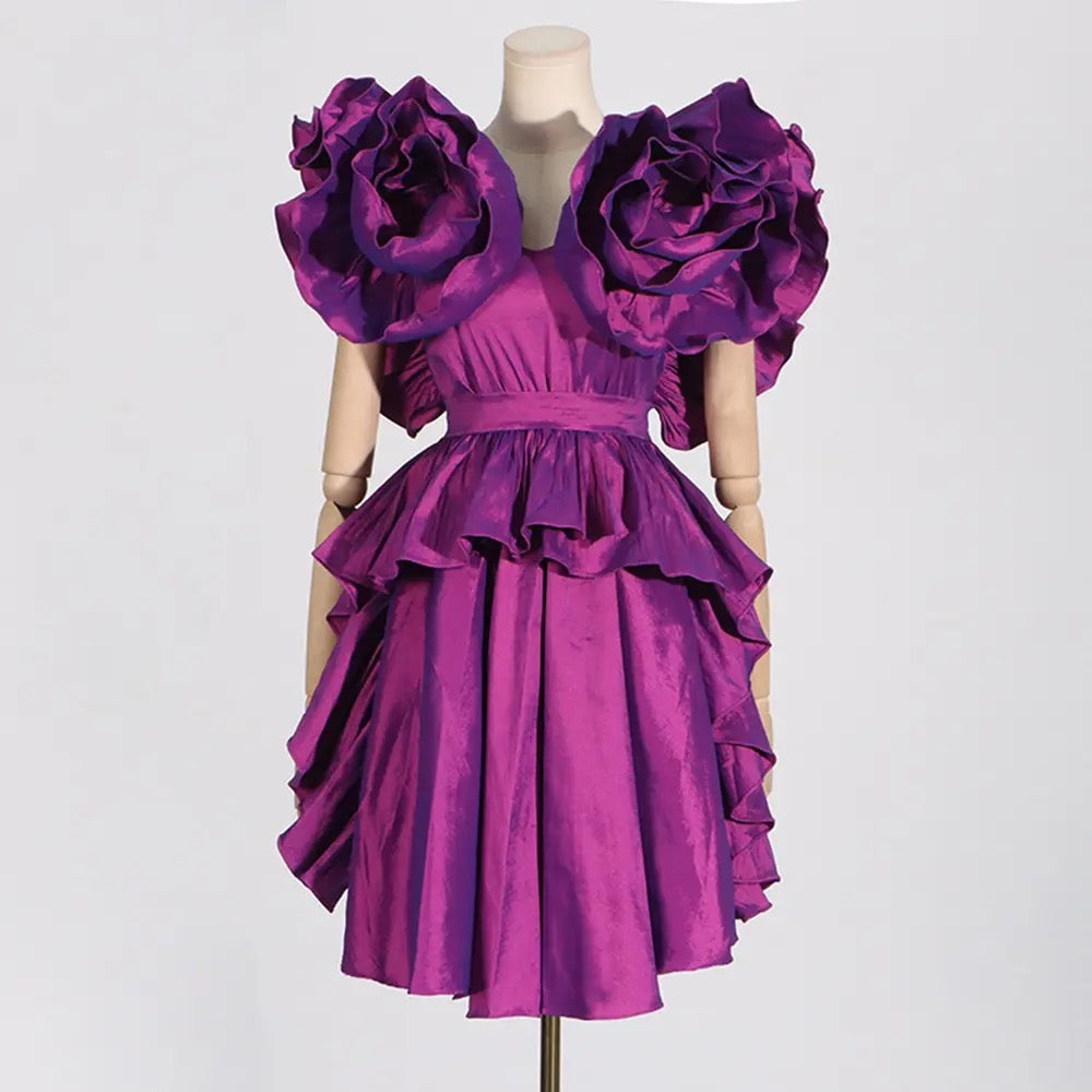 Purple Ruffle Edge V-neck Sexy Ruffle Edge Satin Mini Dress