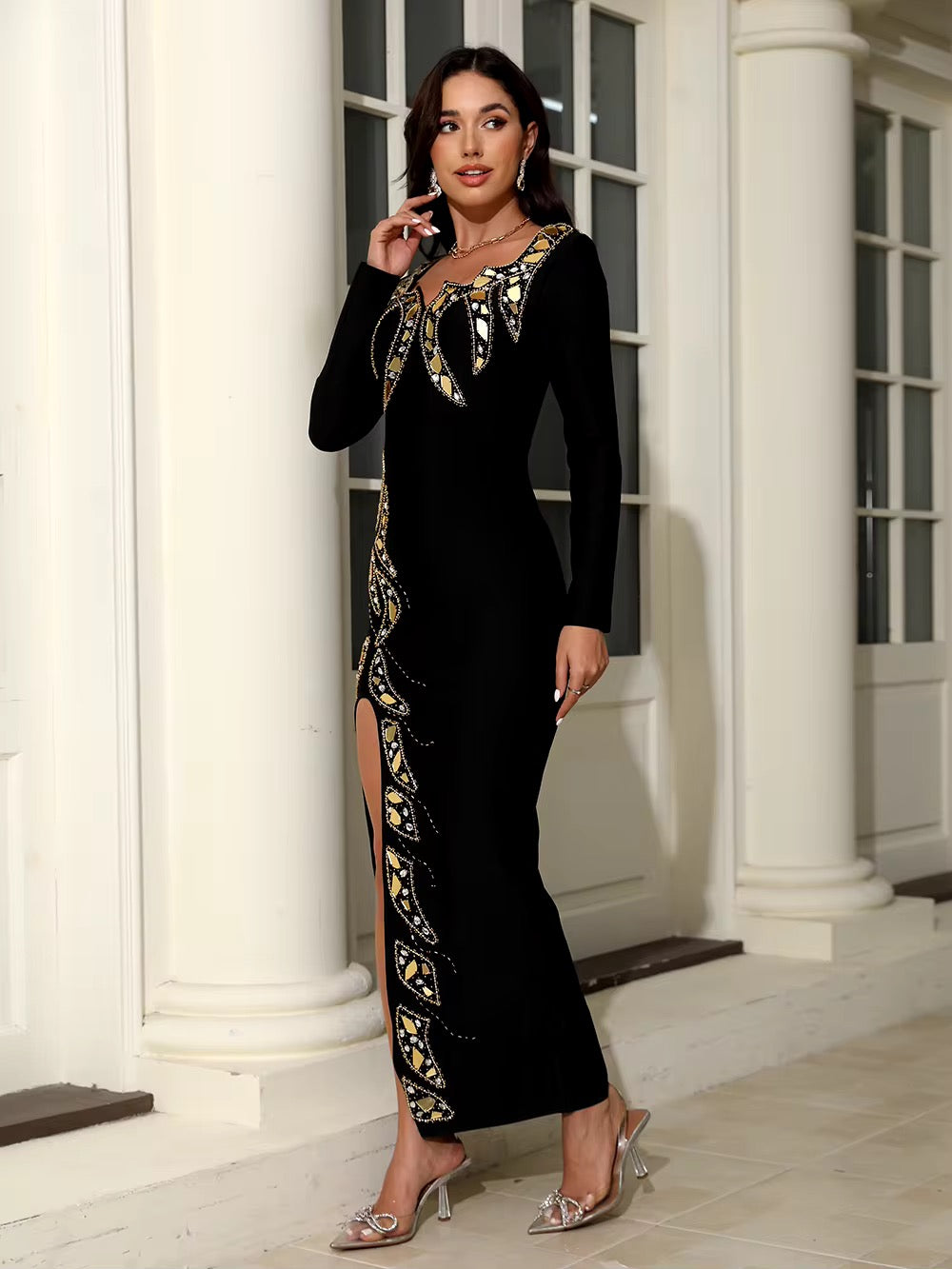 Glitter Toothed Collar Design Long Sleeve Sequins High Split Bandage Maxi Dress