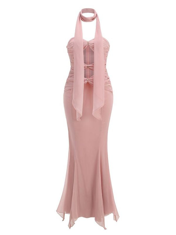 Pink Scarf Maxi Strapless Sleeveless Hollow out dress