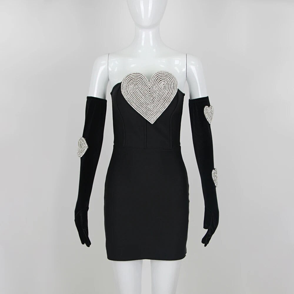 Off Shoulder Love Diamond Design Bandage Gloves Tight Mini dress