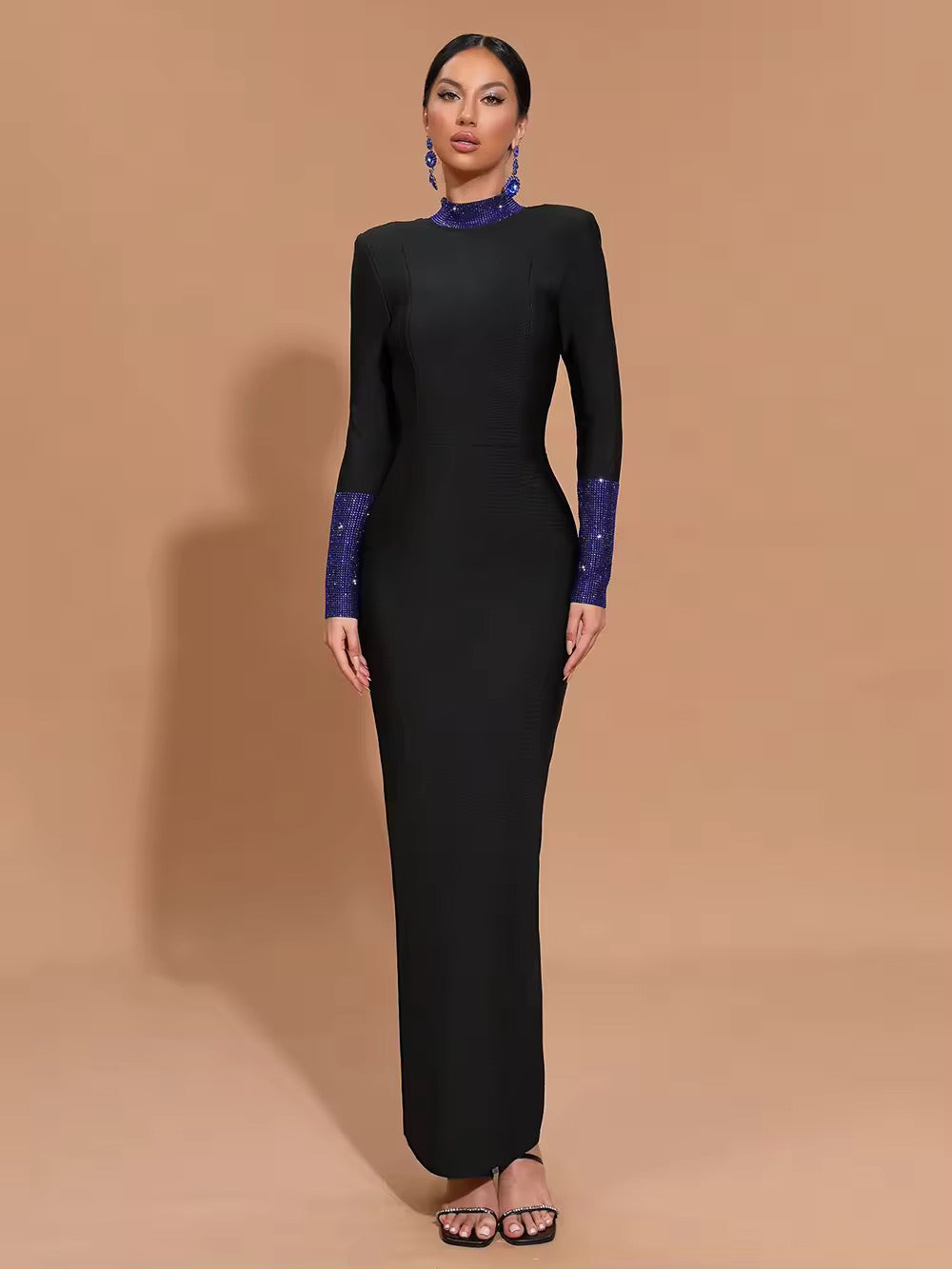 Black Turtleneck Bodycon Rhinestone Backless Long Sleeve Bandage Maxi Dress