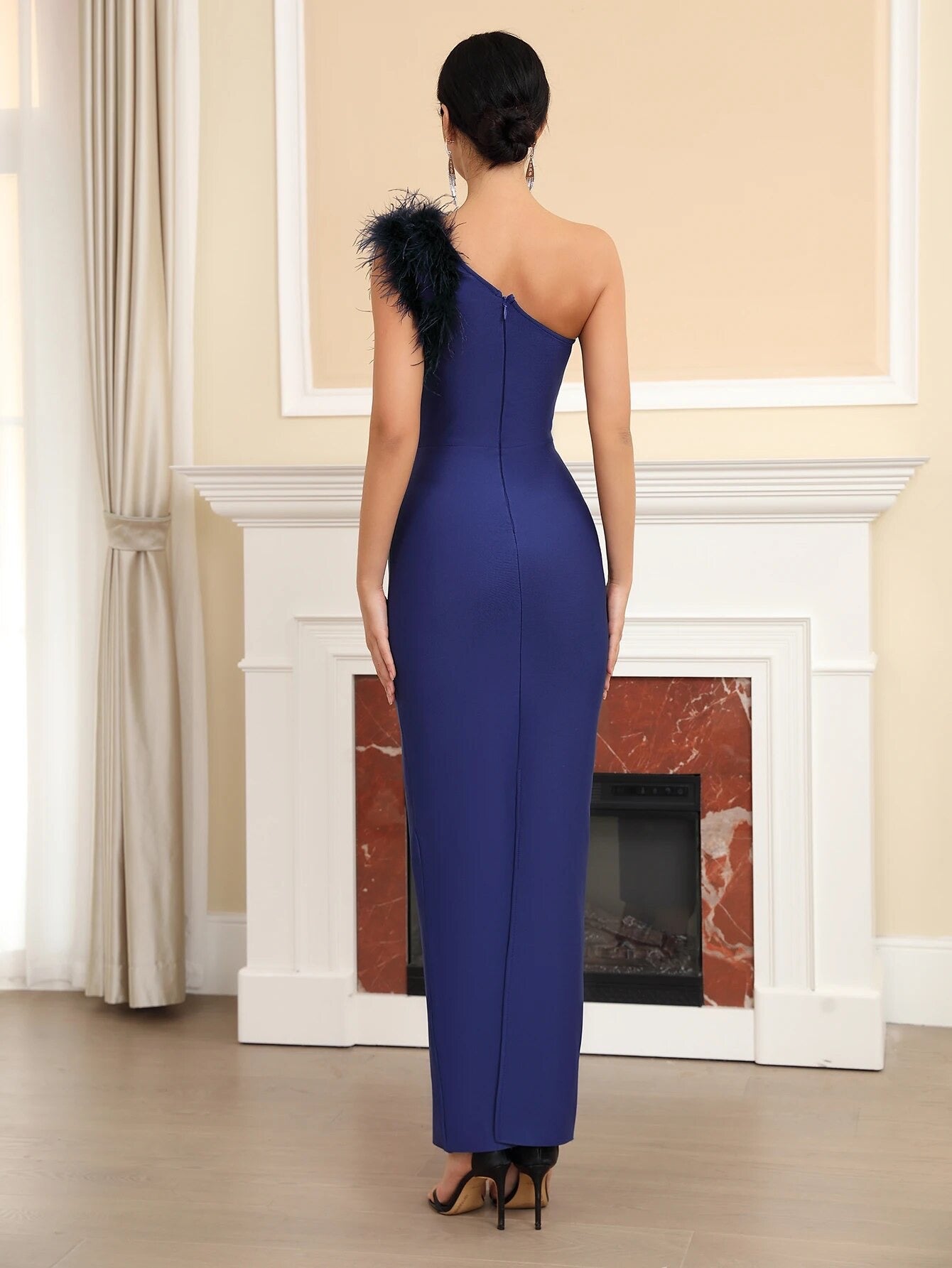 One Shoulder Feather Formal Ball Maxi Bandage Dress