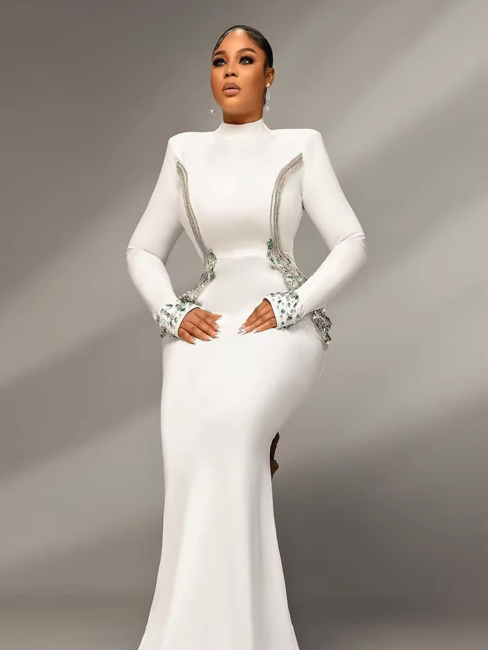 Diamond Evening Bandage Maxi Dress White Long Sleeved