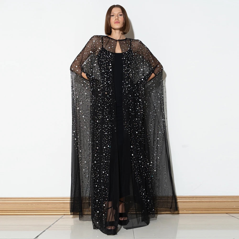 Black Sequin Decorative Mesh Cloak 2-piece Set