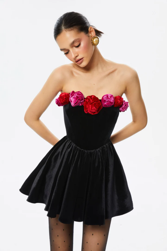 Shoulder Less Backless Black 3D Floral Velvet Mini Dress