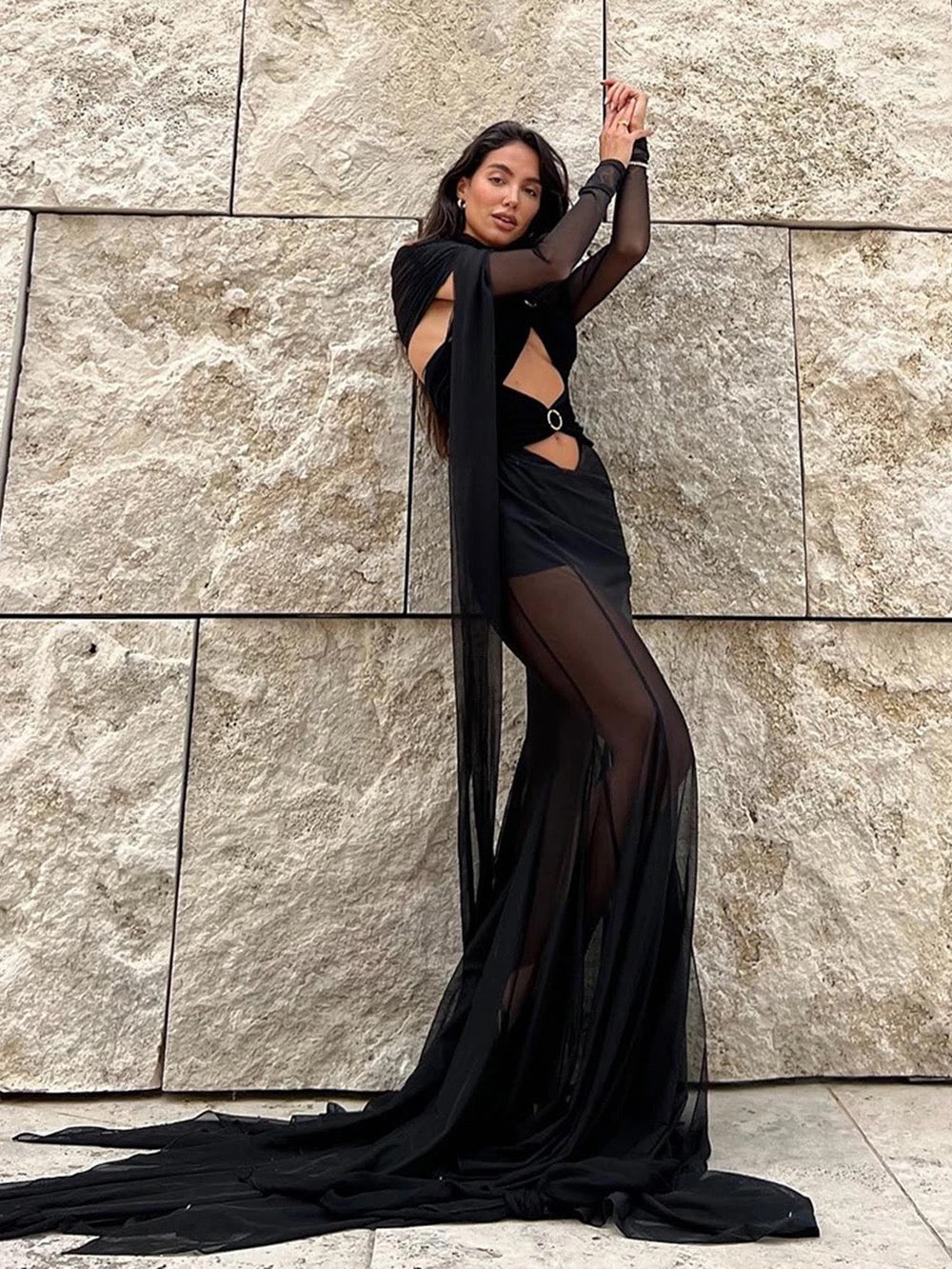 Off The Shoulder Mesh Perspective Long Sleeve dress