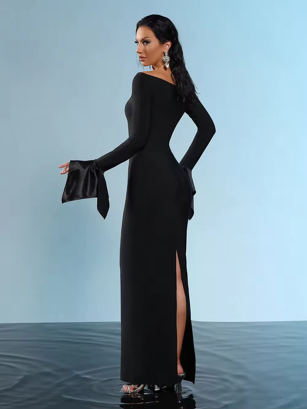 Patchwork Long Sleeves Round Neck Balck Bandage Maxi dress