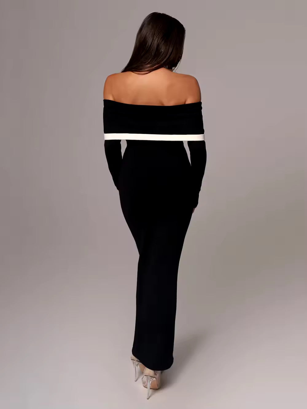 Slash Neck Long Sleeved Tight Bandage Long Dress