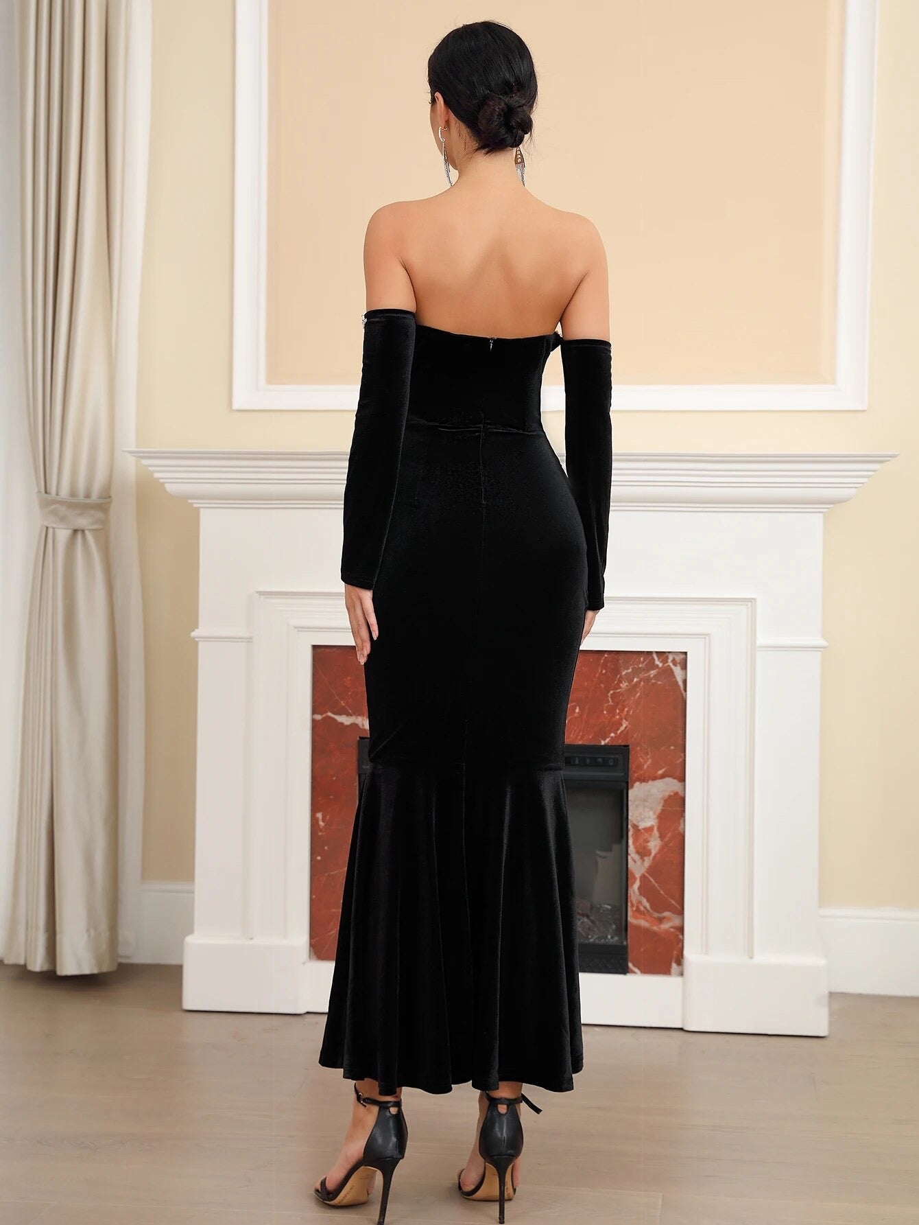 Velvet Character Off Shoulder Sexy Pull Diamond Tight Long Dress