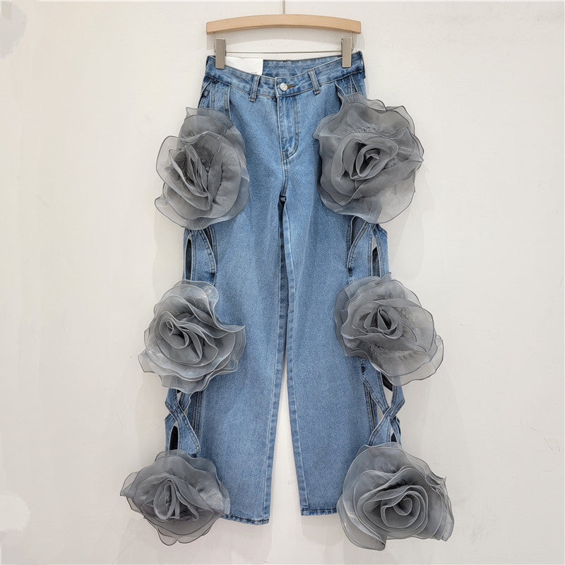 Wide leg flower denim pants