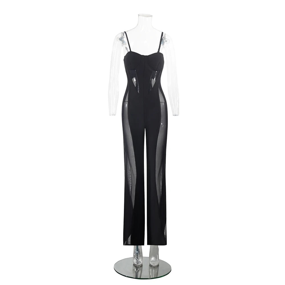 Mesh Inlaid Bandage jumpsuit