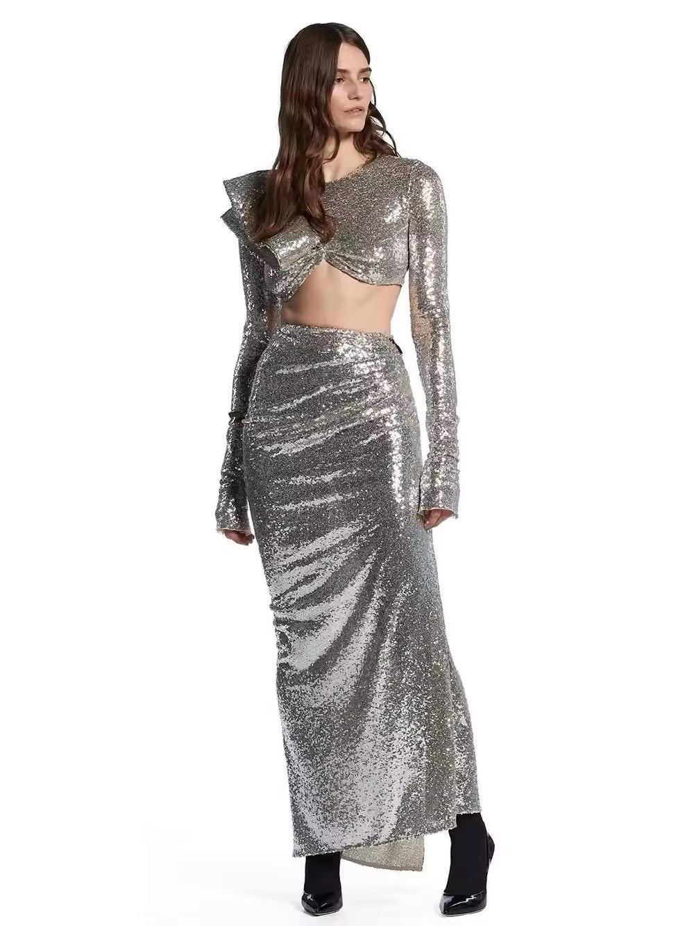 Sequins Ruffle Two Pieces Set Elegant O Neck Full Sleeve Crop Tops Long Skirt