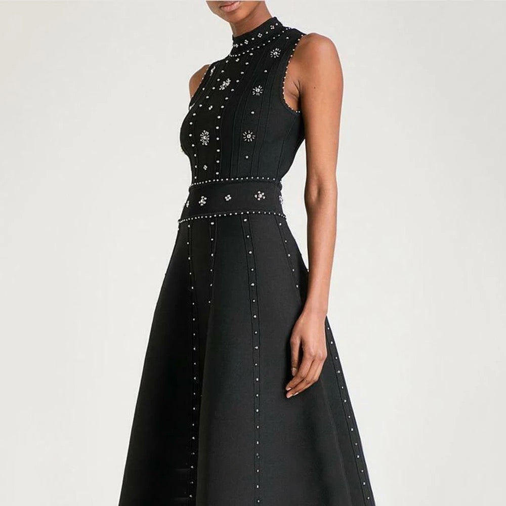 Black A-line Round Neck Sleeveless Beaded Knitted Elastic Midi dress