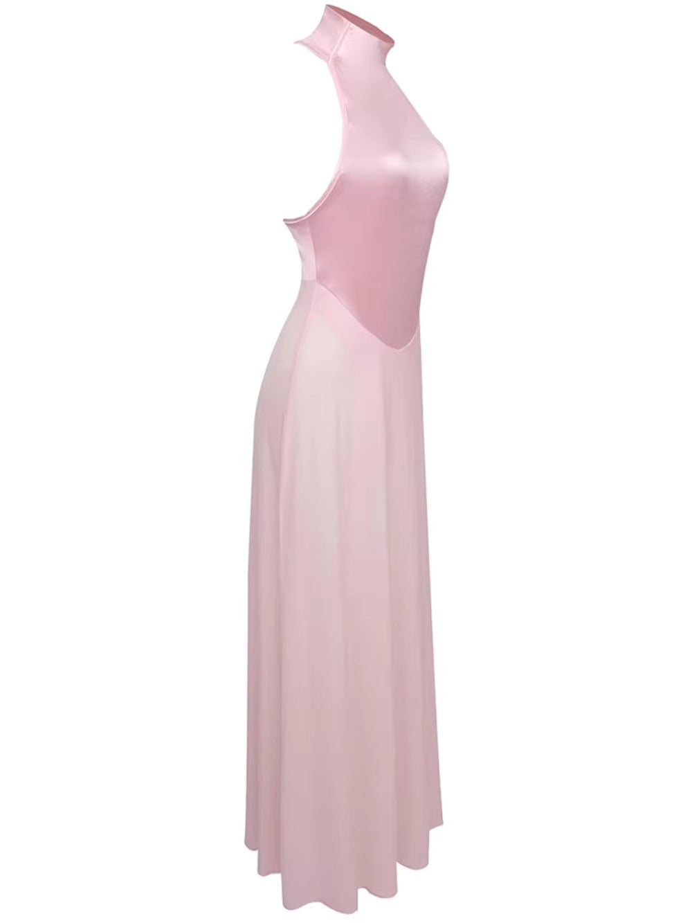 Turtleneck Patchwork Perspective Pink Sexy Maxi One-Piece Dress