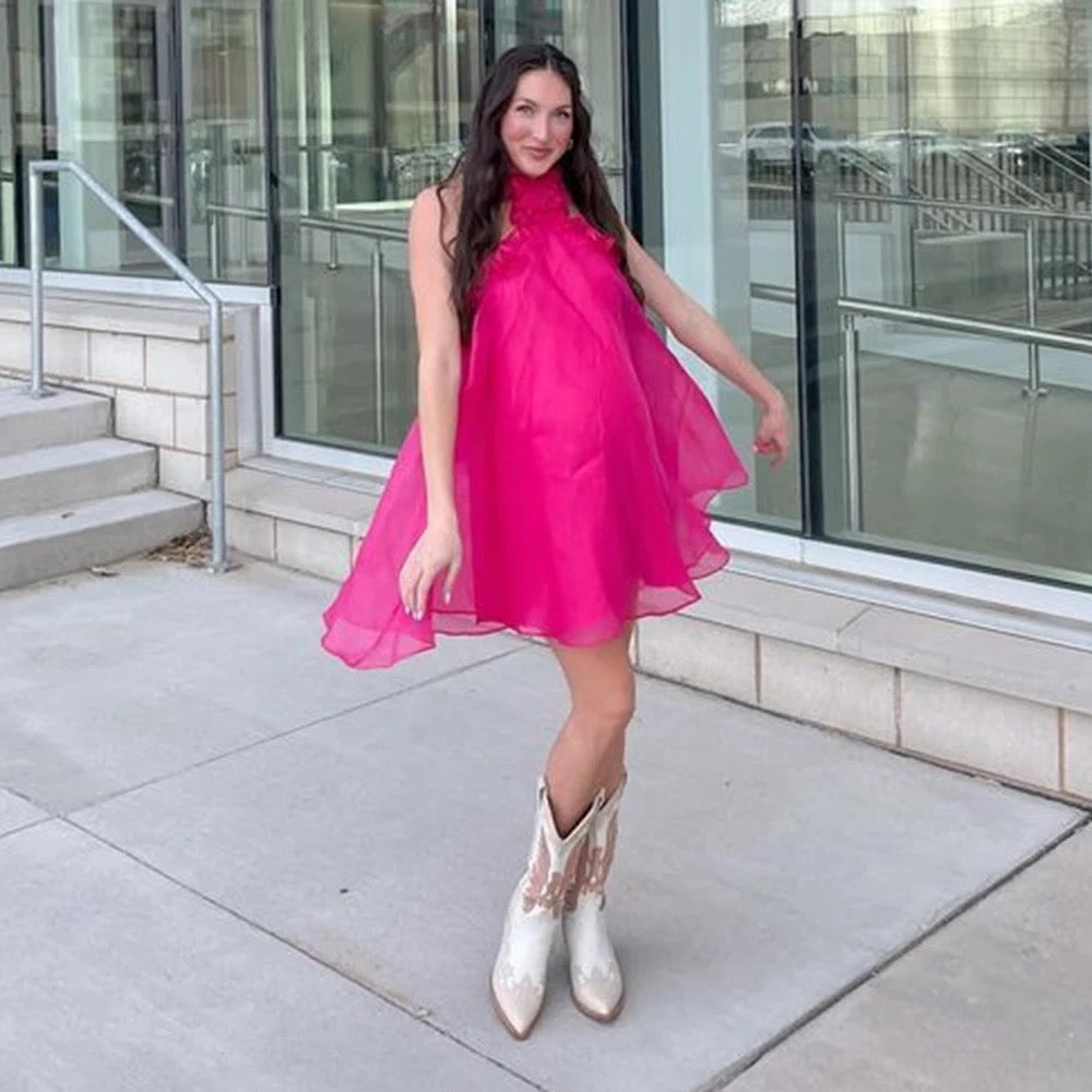 Rose Red Sexy Hanging Neck with Open Back Ruffle Edge dress